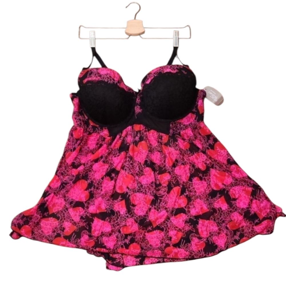 Secret Treasures Black and Pink Sheer Lingerie with Heart Print Size 3X NWT